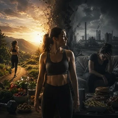 One side fresh whole foods and daylight, the other processed food and fatigue, illustrating everyday metabolism struggles