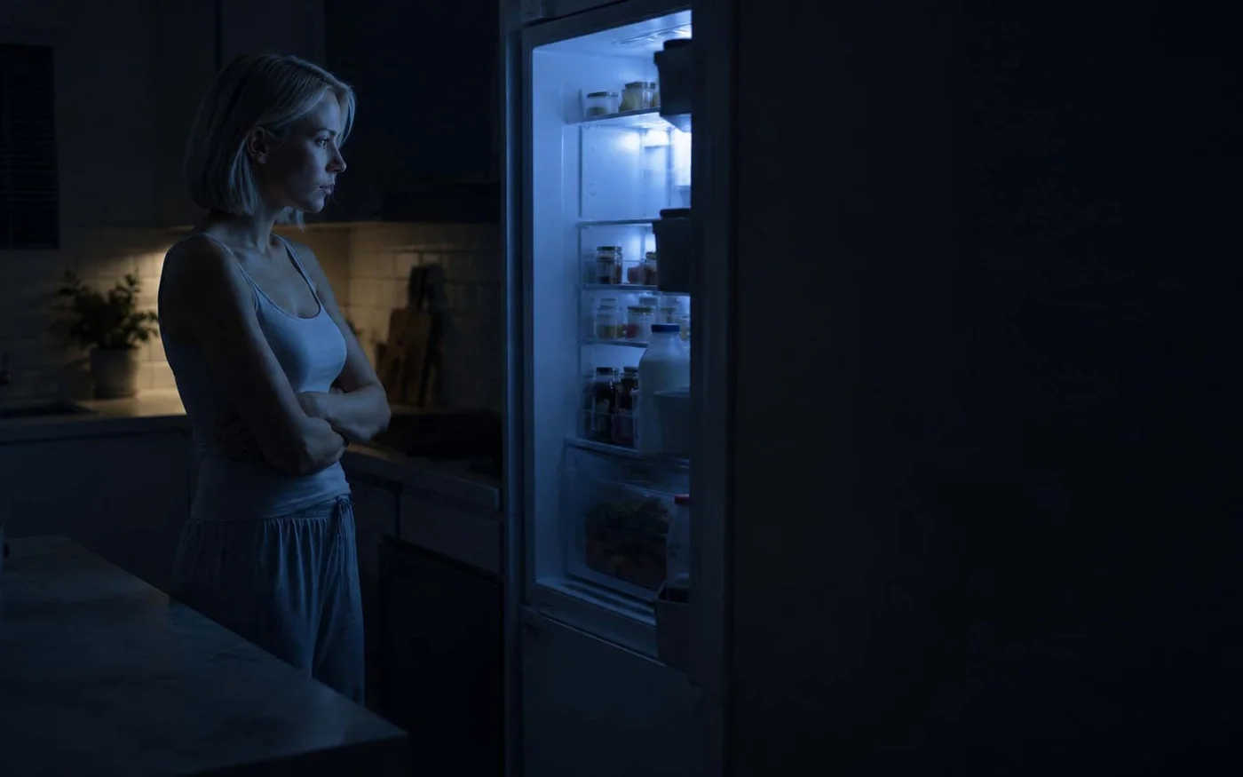 Person by the fridge at night, a reminder that cravings are part of the journey